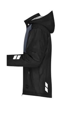 A black padded hardshell workwear jacket with a hood and reflective accents, showcasing a sleek side view.