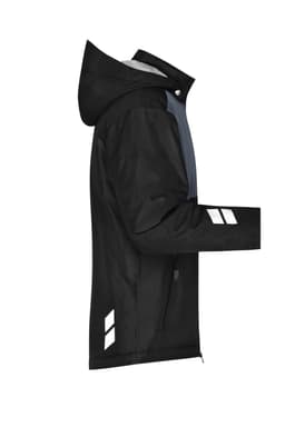 A padded hardshell workwear jacket in black and grey, featuring reflective details and a hood, with a logo.