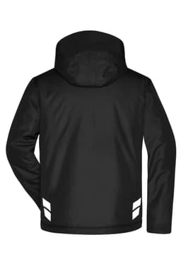 A padded hardshell workwear jacket in black with reflective accents and a hood, featuring a logo on the back.
