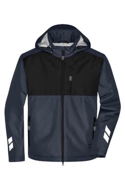 A padded hardshell workwear jacket in navy and black, featuring a hood and reflective detailing. It has a logo on the chest.
