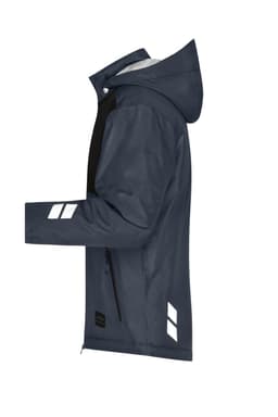 A padded hardshell workwear jacket in navy blue with reflective accents and a hood, featuring a logo.