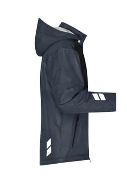 A padded hardshell workwear jacket in navy blue, featuring reflective details and a hood, with a logo present.