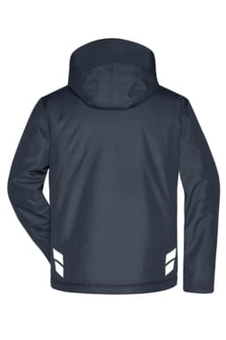 A navy padded hardshell workwear jacket, featuring a hood and reflective accents on the back.
