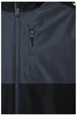 A padded hardshell workwear jacket in dark grey and black, featuring a zip pocket and a logo.