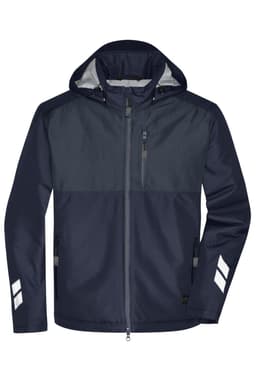 A navy padded hardshell workwear jacket featuring a hood and reflective stripes on the sleeves.