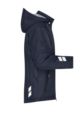 A navy blue padded hardshell workwear jacket with a hood and reflective detailing, featuring a branded logo.