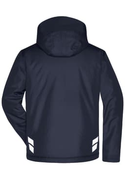 A navy padded hardshell workwear jacket with a hood and reflective stripes on the sleeves. Features a logo.