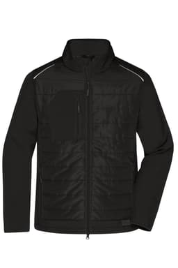 A men's hybrid jacket in black featuring a zip front, a chest pocket, and reflective detailing. It has a logo on it.