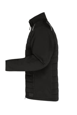 A black soft shell jacket featuring a padded design and a full zip closure. It has a logo on the chest.