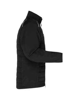 A black men's hybrid jacket featuring a soft shell material with quilted detailing on the sides and a logo.