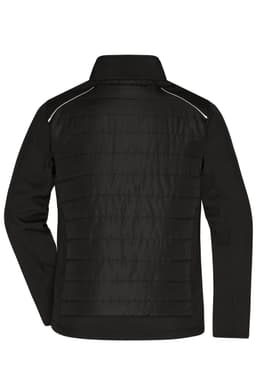 A black men's hybrid jacket with a soft shell design and a quilted back, featuring a logo on the front.