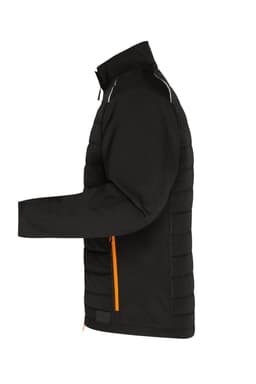 A black soft shell jacket with an orange zip pocket, featuring a padded design and a high collar, alongside a logo.