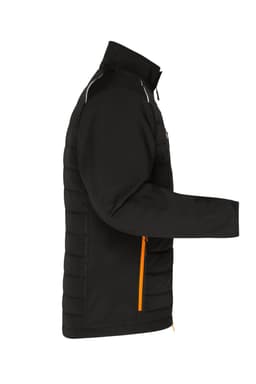 A black hybrid jacket with an orange zipper and logo, featuring a padded design and a standing collar.