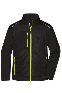 A men's hybrid jacket in black with contrasting bright green zippers and a subtle logo. Features both soft shell and padded sections.