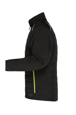 A black men's hybrid jacket featuring a quilted design, with a zip pocket and contrasting green accents.
