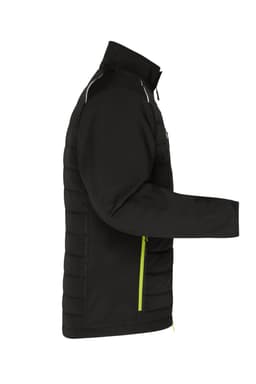 A men's hybrid jacket featuring a black soft shell design with green accents and a zippered pocket.
