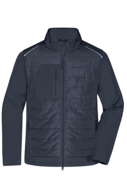 A navy men's hybrid jacket featuring soft shell and padded sections, with a zippered chest pocket and a logo.