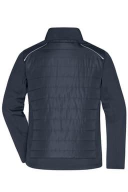 A men's hybrid jacket in navy blue featuring a soft shell design and a logo on the back.