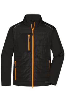 A men's soft shell hybrid jacket in black with bright orange zip accents and logos.