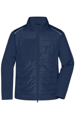 A navy blue men's hybrid jacket featuring a zip front, stand-up collar, and a chest pocket. It has a logo.