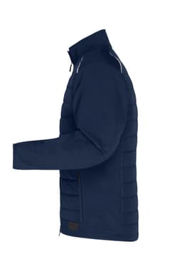 A navy mens hybrid jacket featuring a soft shell design with a zip front and side pockets. It has a logo.