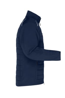 A navy men's hybrid soft shell jacket with a zip front and side pockets, featuring a logo on the chest.