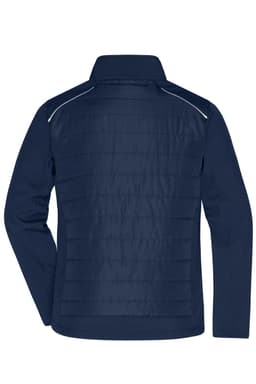 A navy men's hybrid jacket with a quilted back and a collar, featuring a logo.