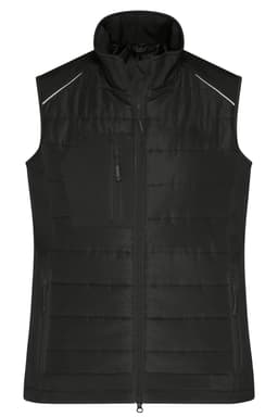 A black hybrid vest featuring a high collar, zip closure, and a pocket, with a subtle reflective detail.