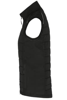 A black ladies hybrid vest with a zip front and sleeveless design, featuring a modern quilted appearance.