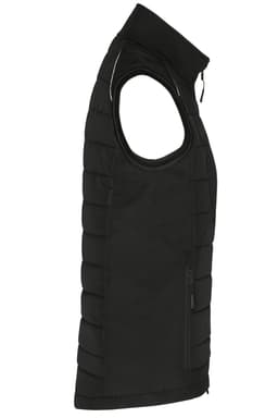 A black ladies hybrid vest with a zip and padded sections, featuring a side zip pocket and a logo.