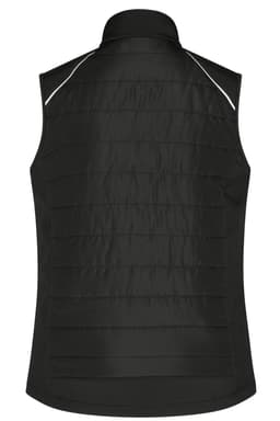 A black ladies hybrid vest with a sleek design and a subtle logo on the back.