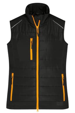 A black ladies hybrid vest with orange zip details and pockets. It features a high collar and sleeveless design.