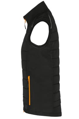 A black vest with orange accents, featuring a sleeveless design and a zippered pocket on the side.