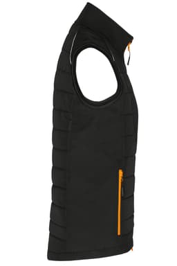 A black ladies hybrid vest featuring an orange zip pocket, showcasing a sleeveless design and quilted texture.