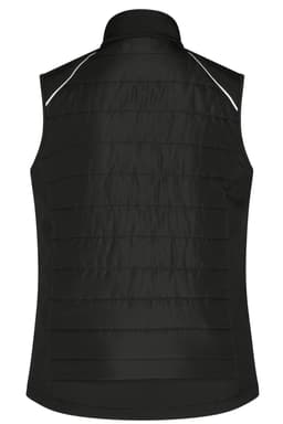 A black ladies hybrid vest featuring a textured design and reflective accents. It has a logo present as well.