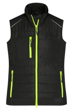 A black ladies hybrid vest with contrasting bright green zippers and a high collar. It features multiple zippered pockets and has a logo.