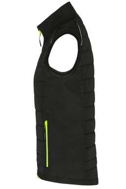 A black ladies hybrid vest with a zippered pocket, featuring a bright yellow zip and a sleeveless design.
