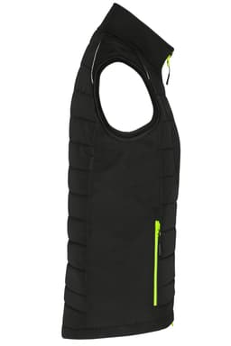 A black hybrid vest with a zippered front, featuring neon green accents and no sleeves. Includes a branding logo.