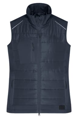 A navy hybrid vest with a high collar, featuring a zip front and a logo on the lower edge.