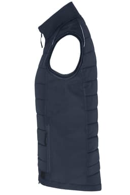 A navy blue ladies hybrid vest with a quilted design and zippered pockets, featuring a logo.