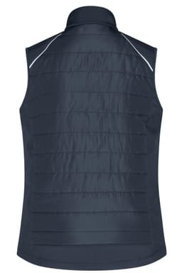A navy blue ladies hybrid vest with a quilted design and a collar, featuring a logo at the back.