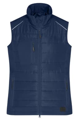A navy blue ladies hybrid vest featuring a high collar, zippered pockets, and a branding logo.
