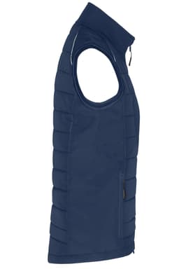 A navy blue ladies hybrid vest featuring a zippered front and quilted design, with one side pocket and a logo.
