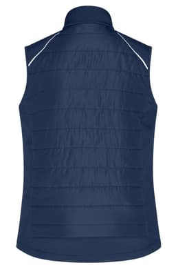 A navy blue ladies hybrid vest with a quilted texture and a back collar. It features a subtle logo.