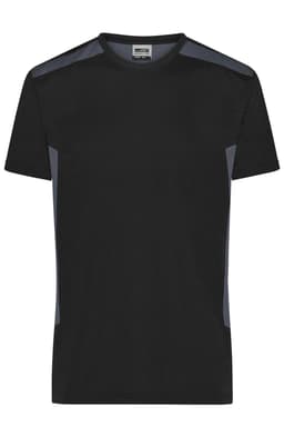 A black work T-shirt with grey detailing and a logo on the chest. Suitable for men’s workwear.