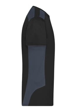 A black and navy blue men's workwear T-shirt with short sleeves and a logo.