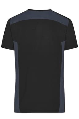 A men's workwear T-shirt in black with blue panels on the shoulders. Features a logo on the back.