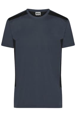 A navy blue men's workwear T-shirt featuring black accents on the shoulders, with a logo on the label.