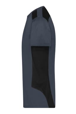 A men's workwear T-shirt in navy blue with black accents and a logo on the side.