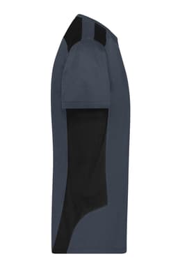 A men's workwear T-shirt in navy blue with black side panels and a logo on the chest.